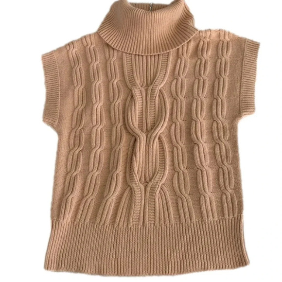 Talbots Cotton Wool Blend Peach Tan Cable Knit Short Sleeve Cowl Neck Sweater S - Picture 1 of 11